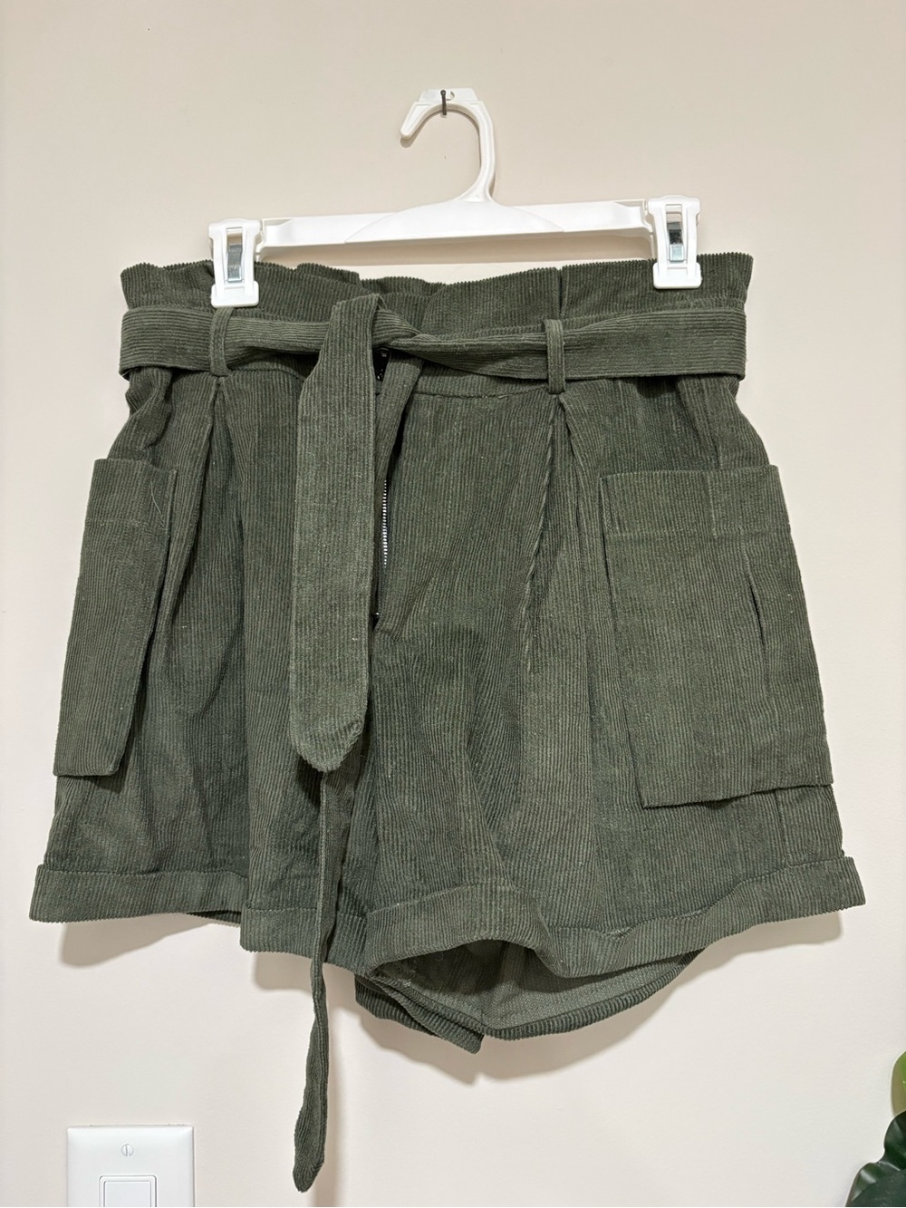 Forever 21 Olive Green High-Waist Paperbag Corduroy Shorts with Tie Belt